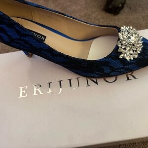 Erijunor Women's Elegant Black and Blue Lace Heels